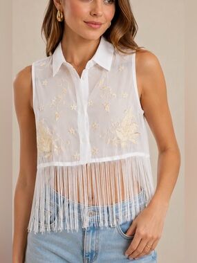 Millau LF Elegant White Sleeveless Fringe Top size S.